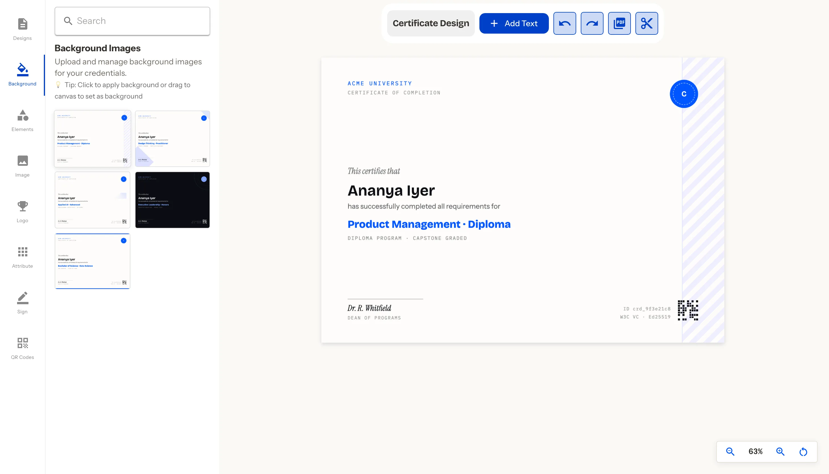 The Credostar certificate editor: background library, layout tools, and a diploma on the canvas