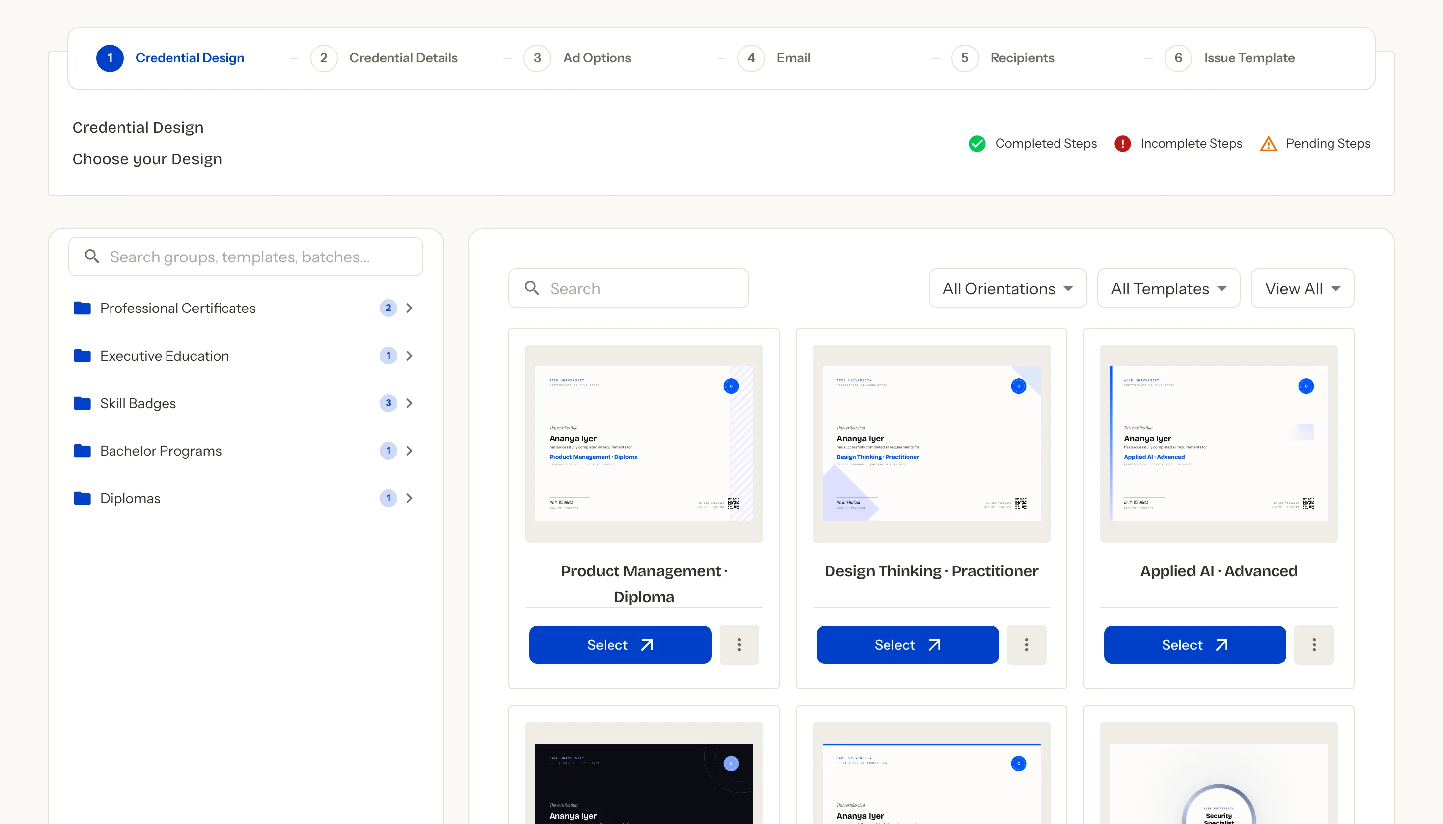 Choosing a design in the Credostar issuing wizard — six steps from template to delivered credentials